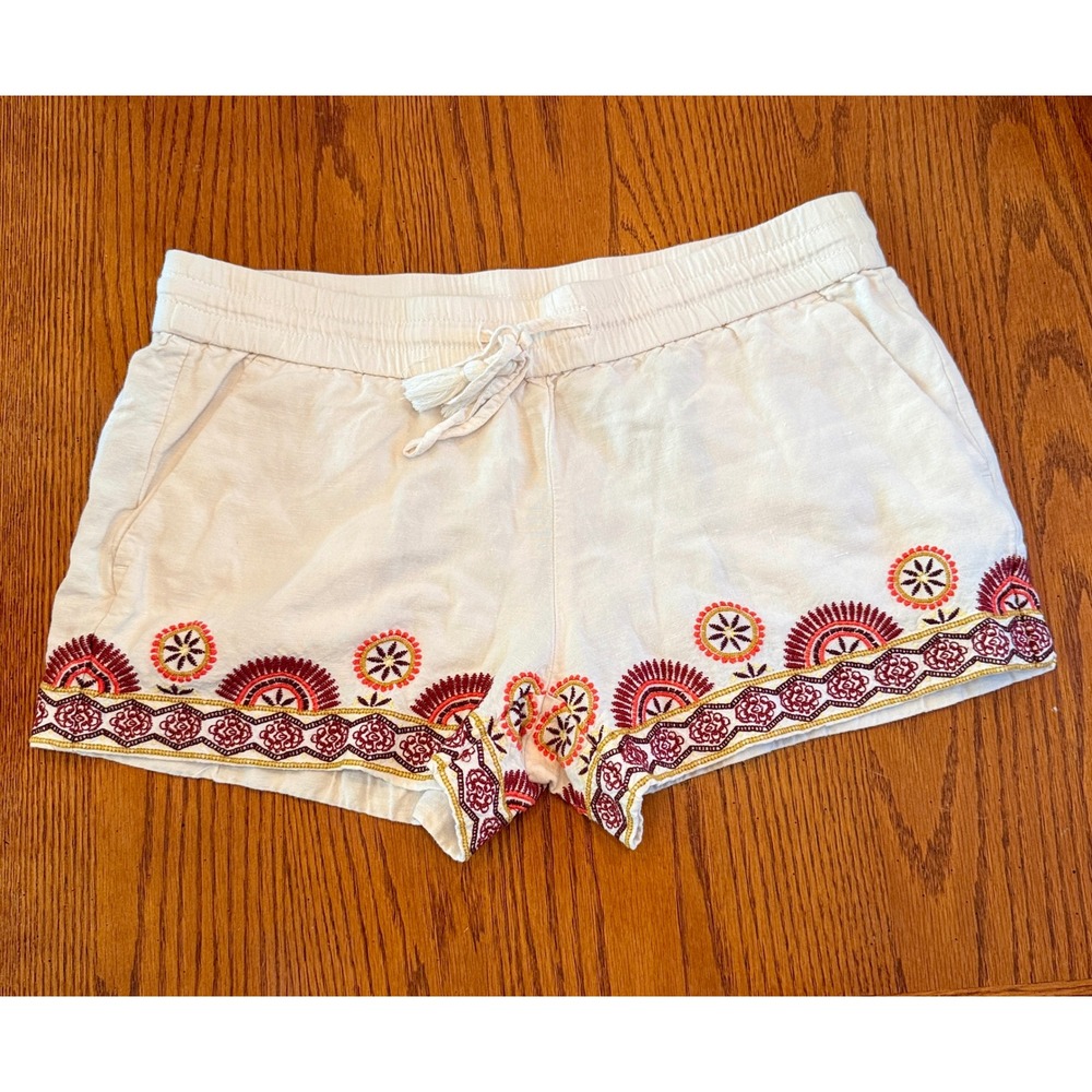 Loft Embroidered Linen Blend Shorts Women Small Cream Boho Coastal Drawstring